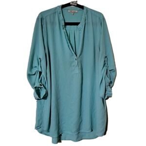 Speed Limited MPH Aqua Blue Womens 2x Sheer Blouse Roll Tab Sleeve V Neck Spring